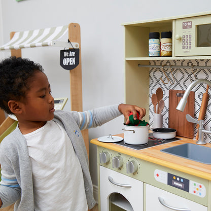 Wooden Kitchen Playset with Interactive Features & 9 Accessories