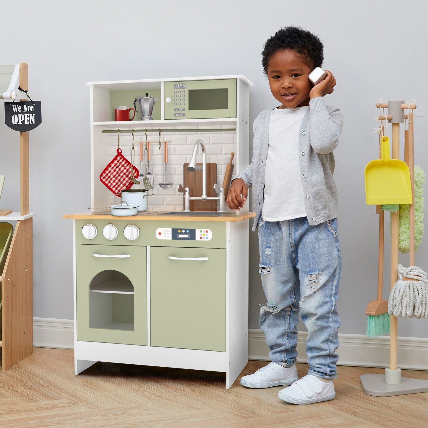 Wooden Kitchen Playset with Interactive Features & 9 Accessories