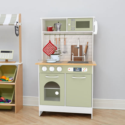 Wooden Kitchen Playset with Interactive Features & 9 Accessories