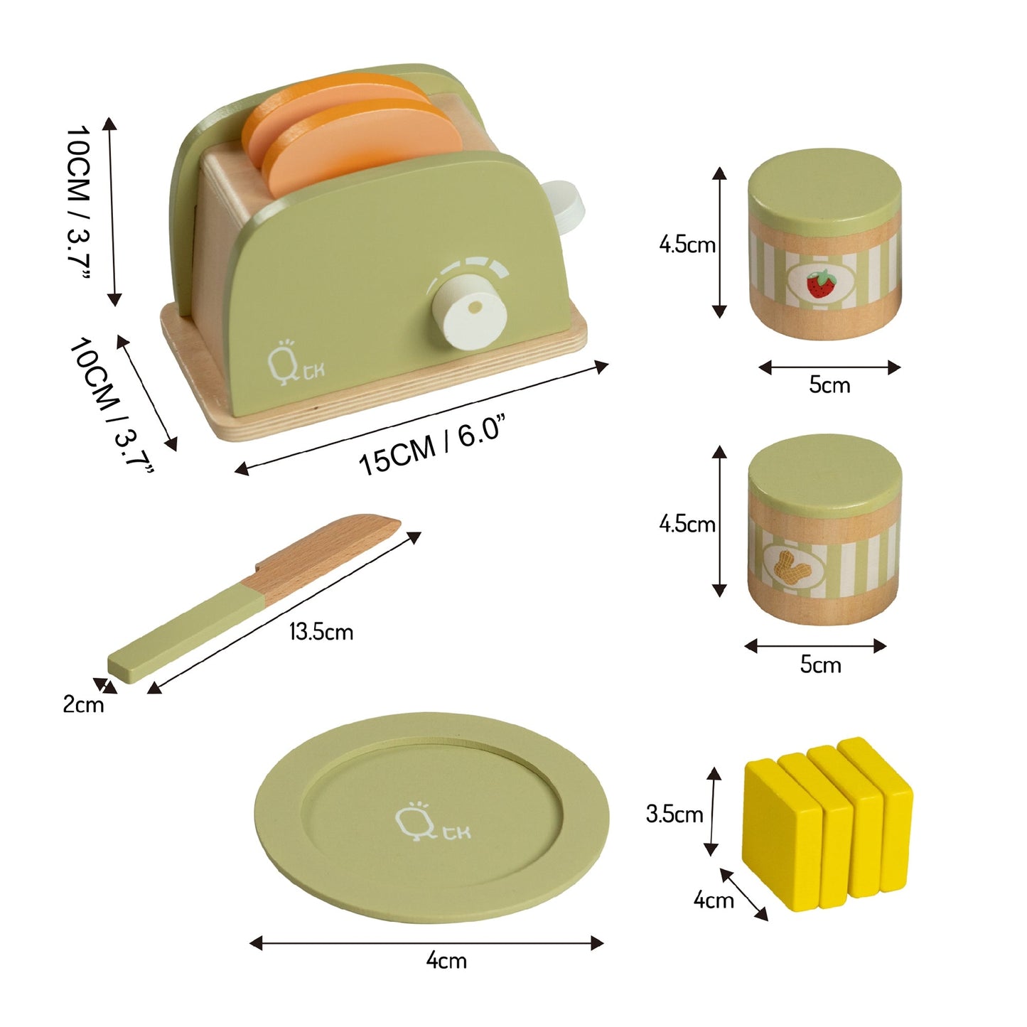 Wooden Toaster Toy Play Kitchen Accessories 11 pcs Green TK-W00006