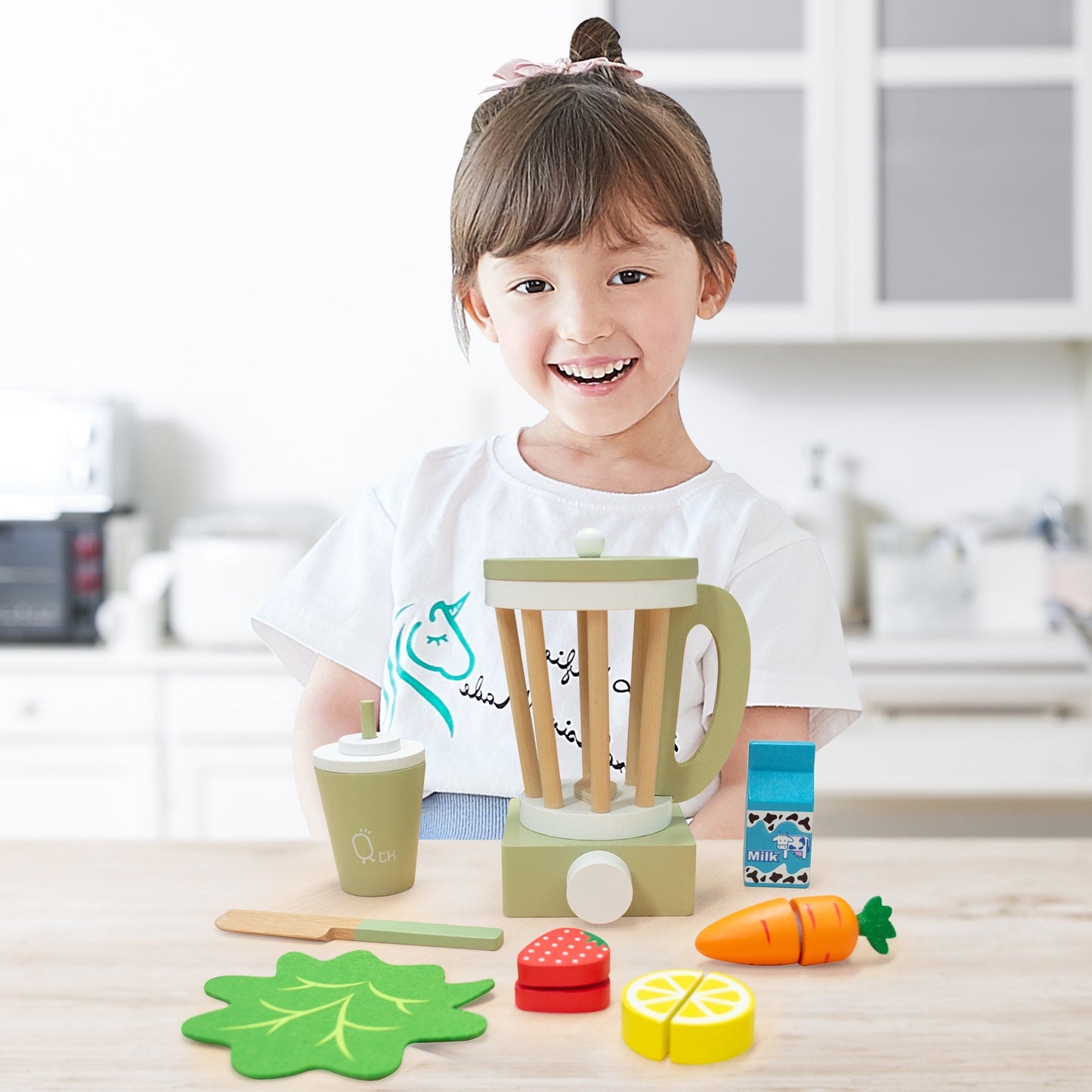 Wooden Blender Toy Play Kitchen Accessories 13 Pc Green TK-W00008