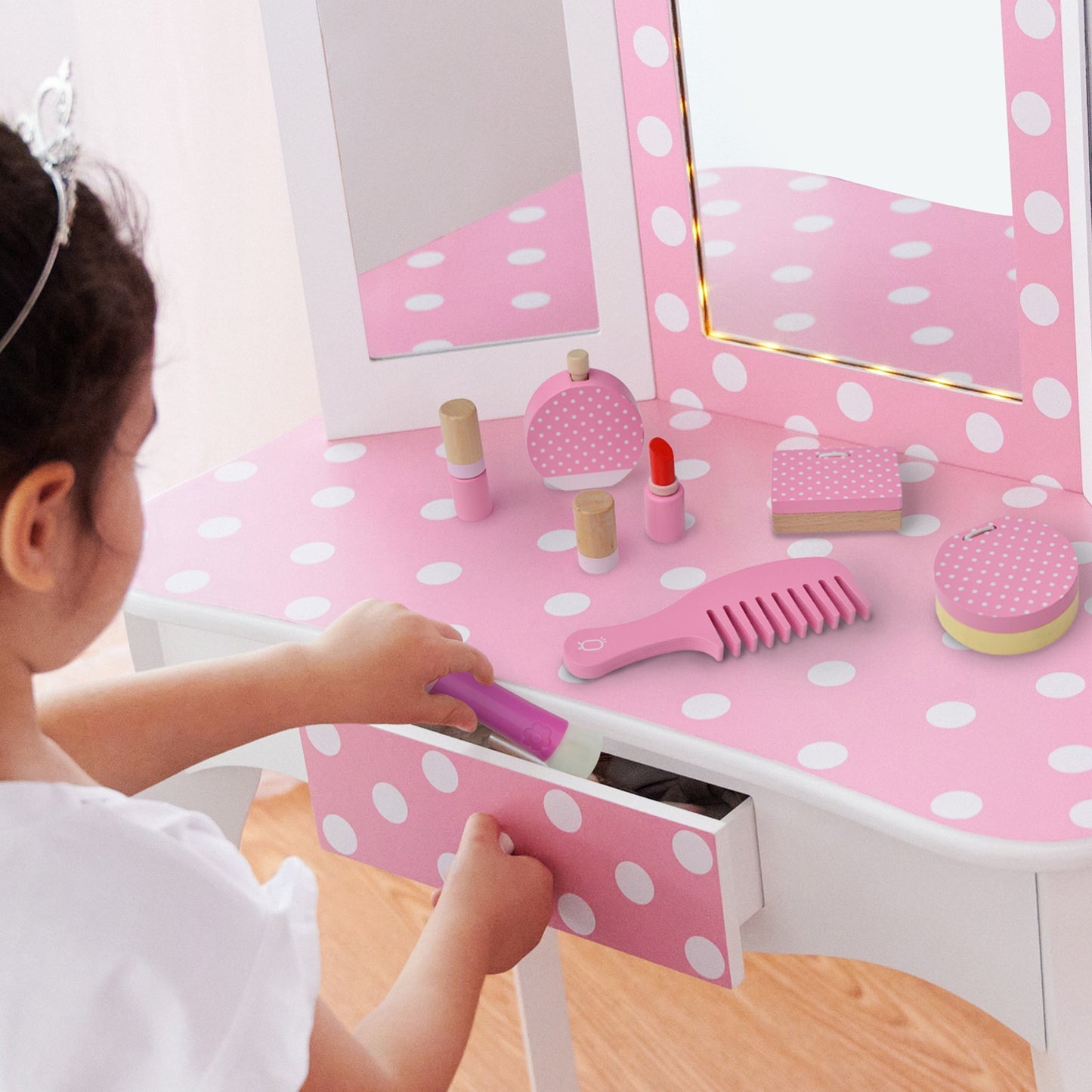 Wooden Vanity Set Makeup Kit with 10 Accessories Pink TK-W00010