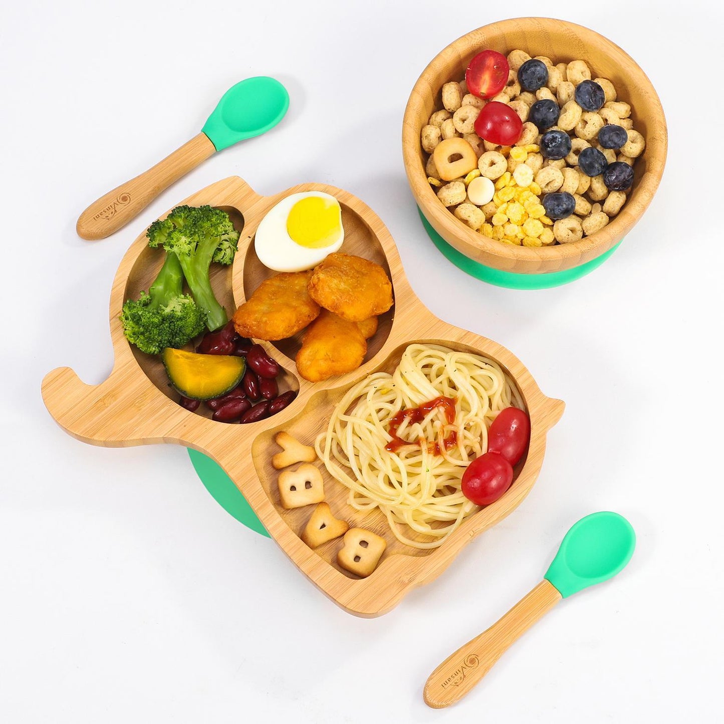 Bamboo Elephant Plate Bowl & Spoon Set Suction Stay-Put Design (Green)