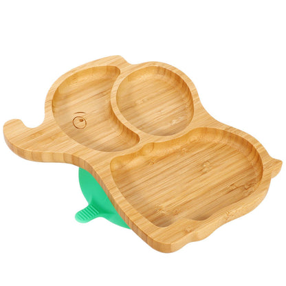 Bamboo Elephant Plate Bowl & Spoon Set Suction Stay-Put Design (Green)