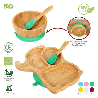 Bamboo Elephant Plate Bowl & Spoon Set Suction Stay-Put Design (Green)