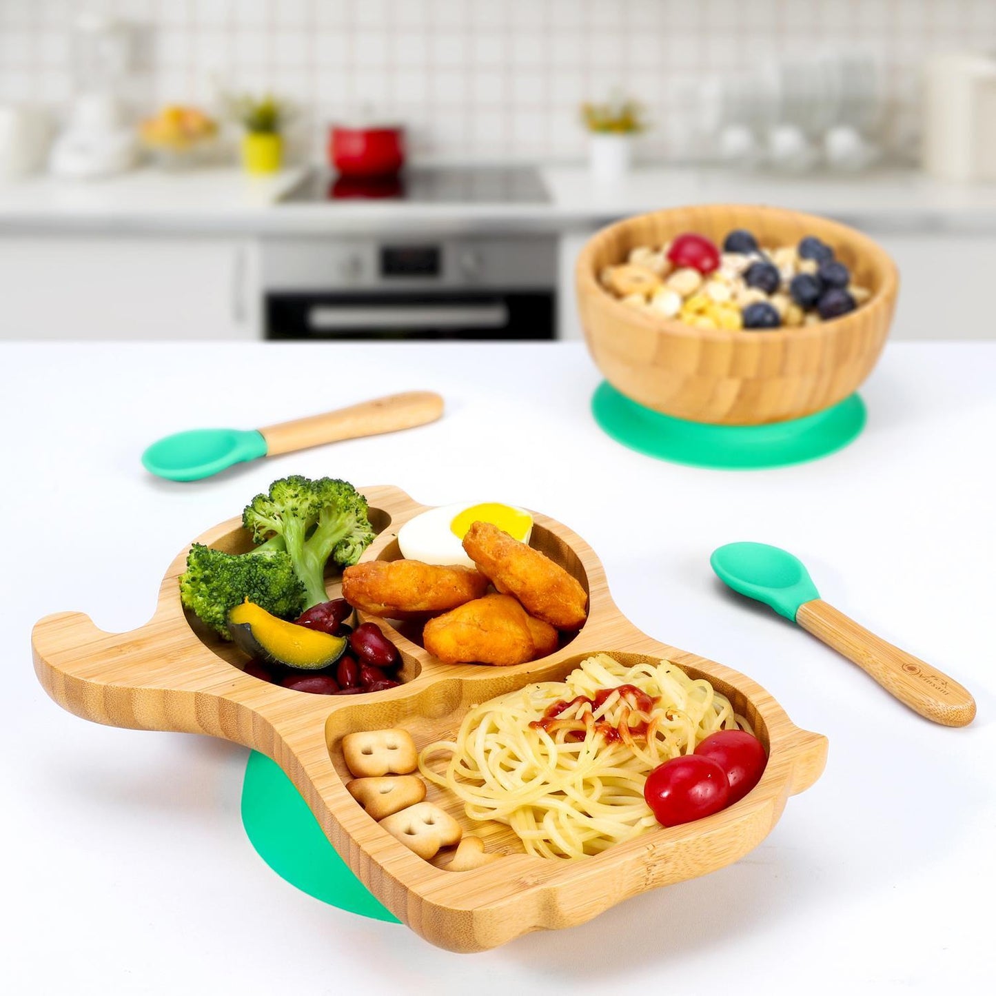 Bamboo Elephant Plate Bowl & Spoon Set Suction Stay-Put Design (Green)