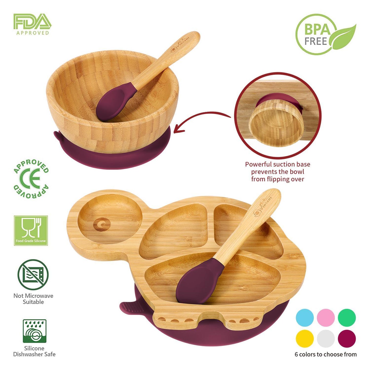 Bamboo Turtle Plate Bowl & Spoon Set Suction Bowl Stay-Put Design - RED