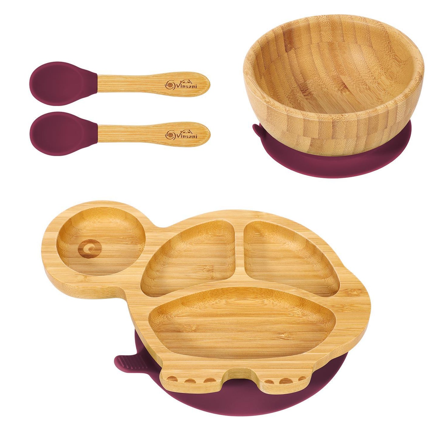 Bamboo Turtle Plate Bowl & Spoon Set Suction Bowl Stay-Put Design - RED