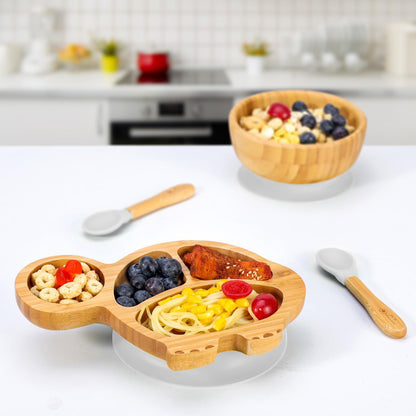 Bamboo Turtle Plate Bowl & Spoon Set Suction Stay-Put Design (Grey)