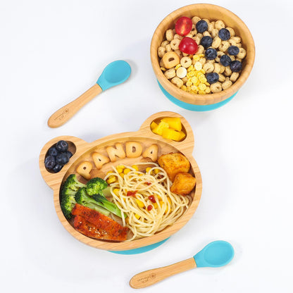 Bamboo Panda Plate Bowl & Spoon Set Suction Stay-Put Design (Blue)