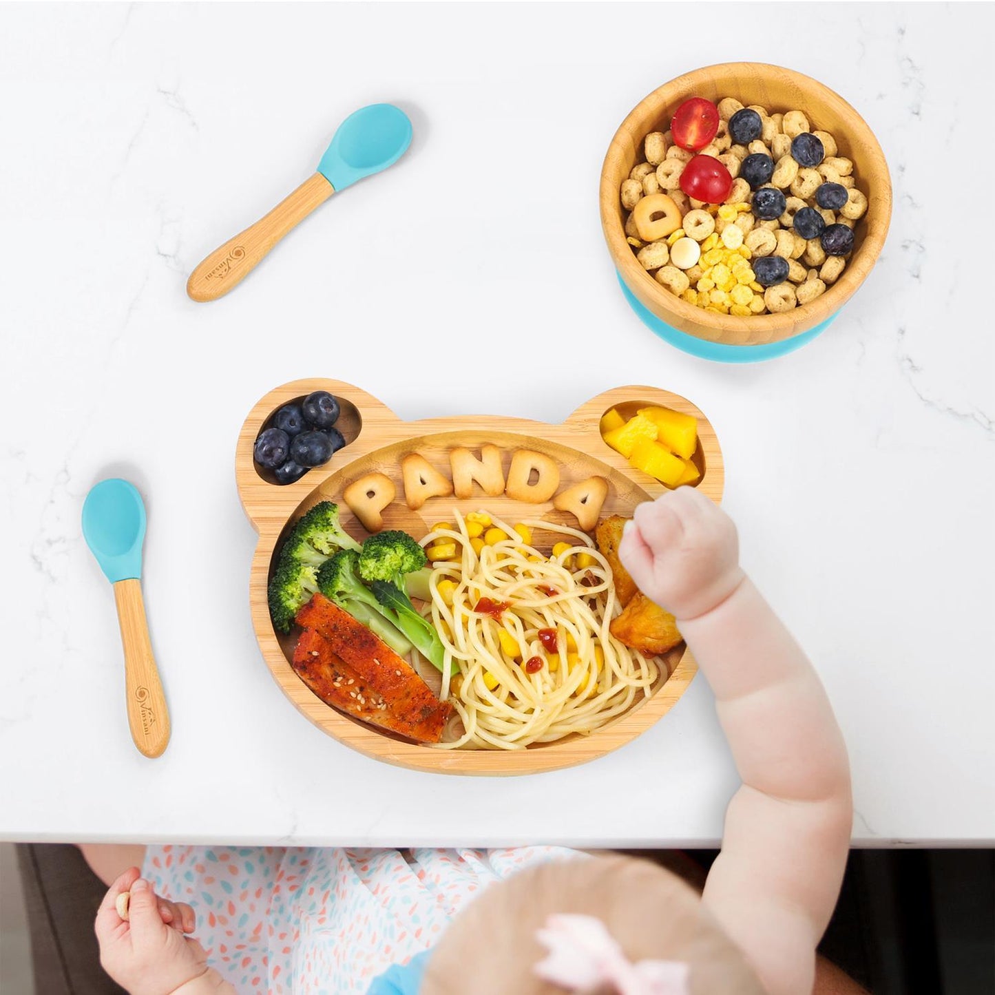 Bamboo Panda Plate Bowl & Spoon Set Suction Stay-Put Design (Blue)