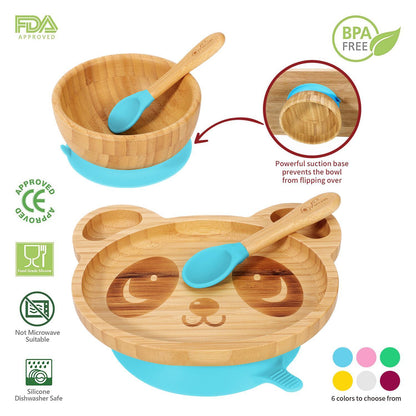 Bamboo Panda Plate Bowl & Spoon Set Suction Stay-Put Design (Blue)