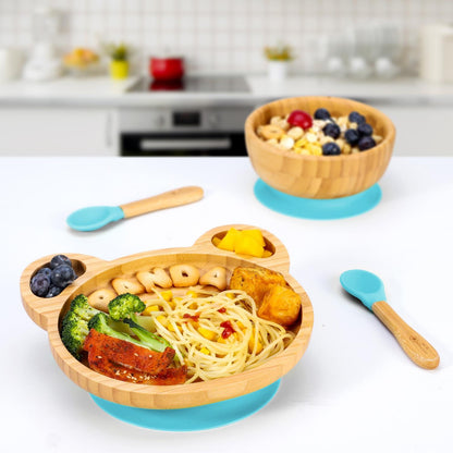 Bamboo Panda Plate Bowl & Spoon Set Suction Stay-Put Design (Blue)