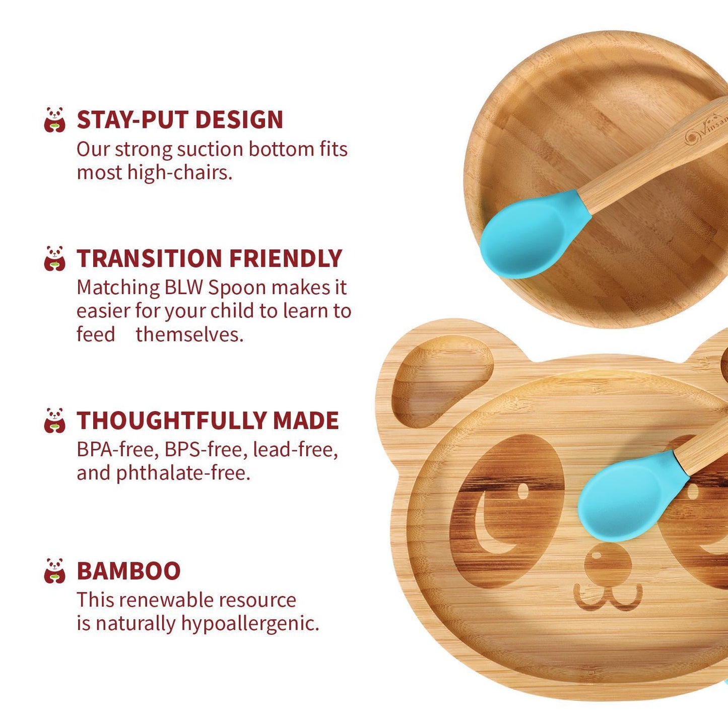 Bamboo Panda Plate Bowl & Spoon Set Suction Stay-Put Design (Blue)