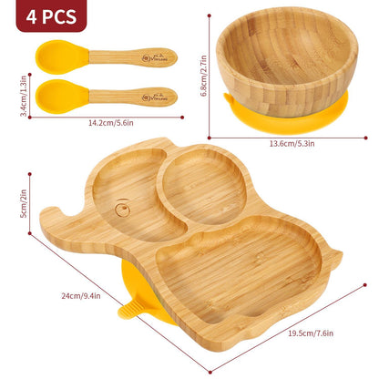 Bamboo Elephant Plate Bowl & Spoon Set Suction Stay-Put Design (Yellow)