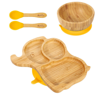 Bamboo Elephant Plate Bowl & Spoon Set Suction Stay-Put Design (Yellow)