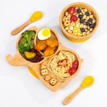 Bamboo Elephant Plate Bowl & Spoon Set Suction Stay-Put Design (Yellow)