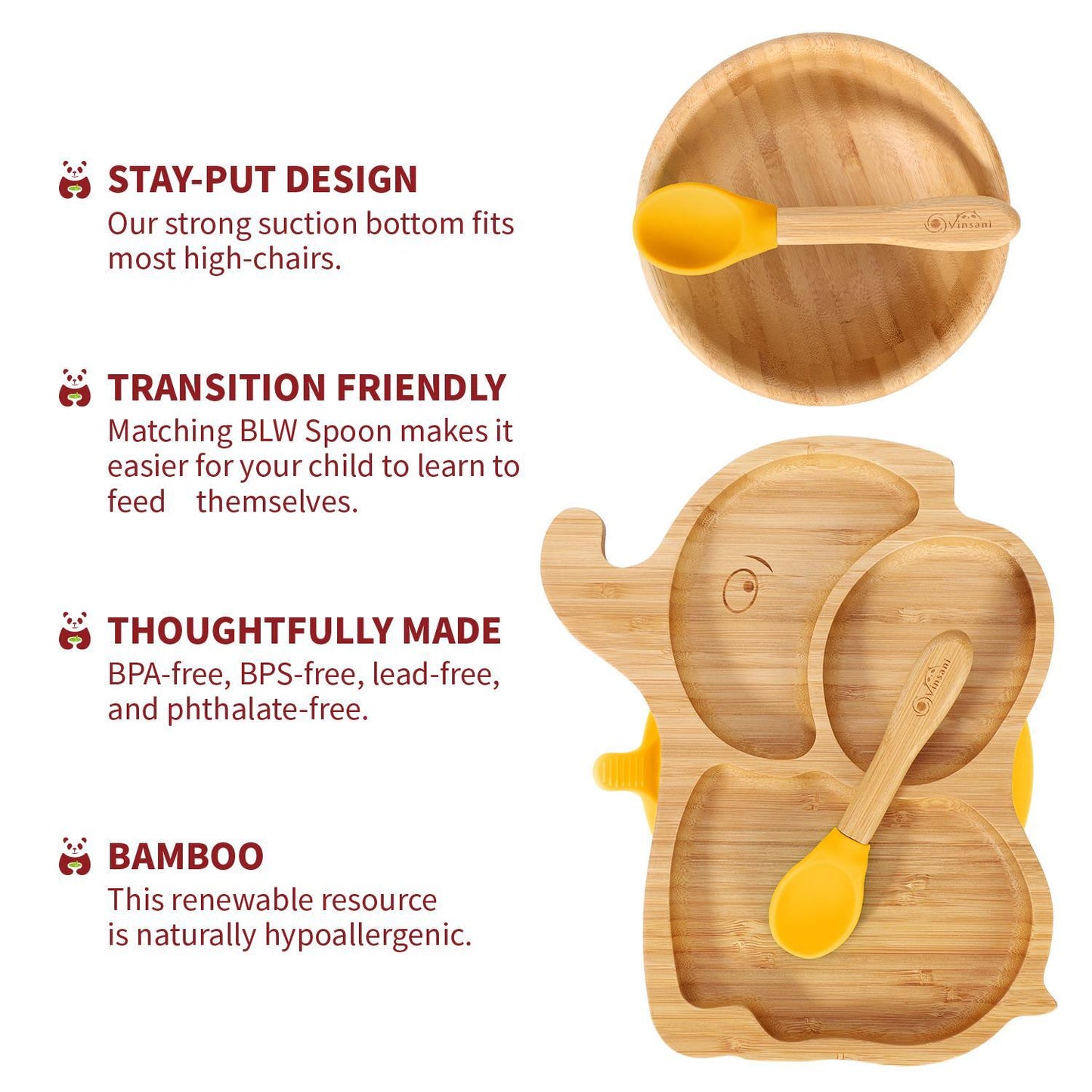 Bamboo Elephant Plate Bowl & Spoon Set Suction Stay-Put Design (Yellow)