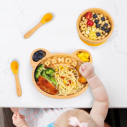 Bamboo Panda Plate Bowl & Spoon Set Suction Stay-Put Design (Yellow)