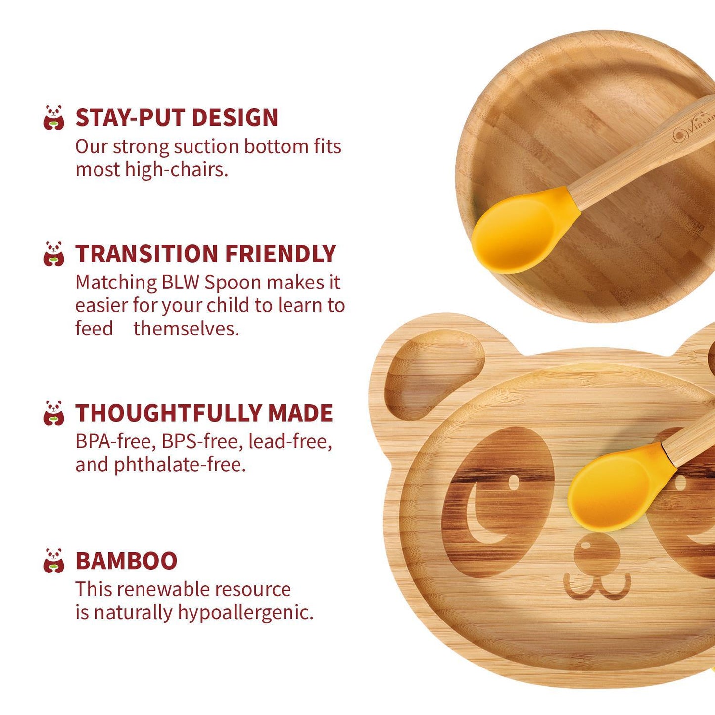 Bamboo Panda Plate Bowl & Spoon Set Suction Stay-Put Design (Yellow)