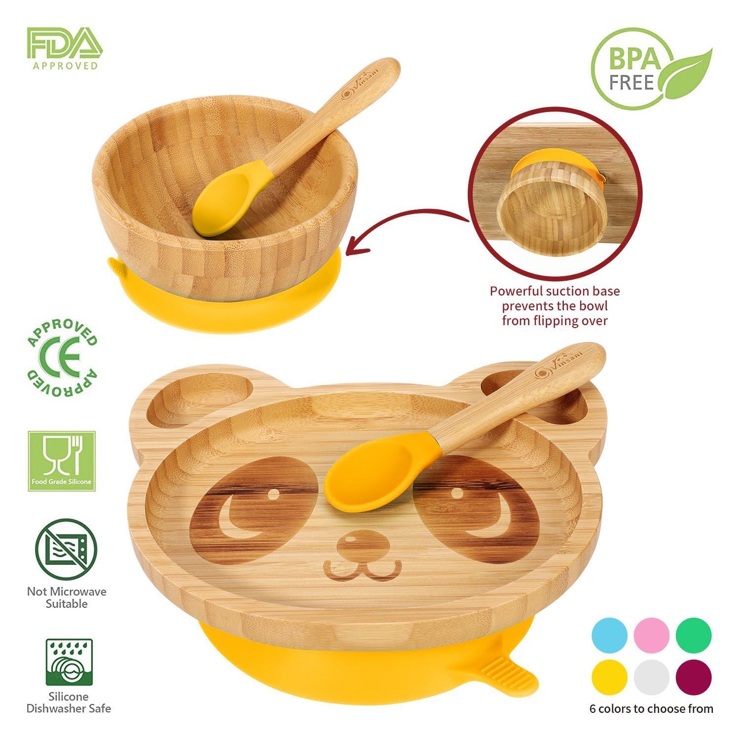 Bamboo Panda Plate Bowl & Spoon Set Suction Stay-Put Design (Yellow)