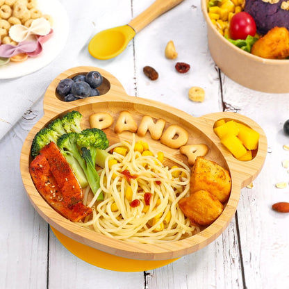 Bamboo Panda Plate Bowl & Spoon Set Suction Stay-Put Design (Yellow)