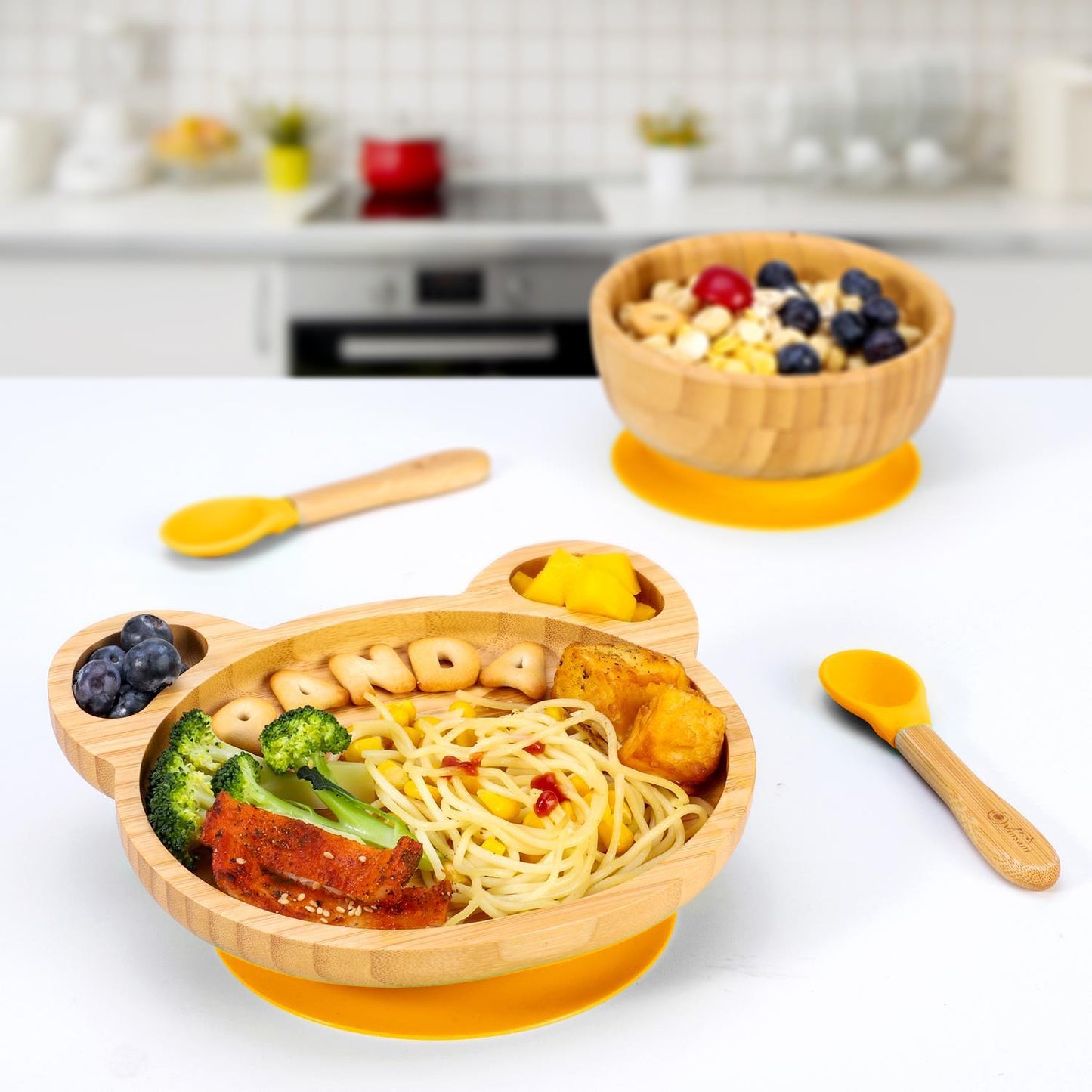 Bamboo Panda Plate Bowl & Spoon Set Suction Stay-Put Design (Yellow)