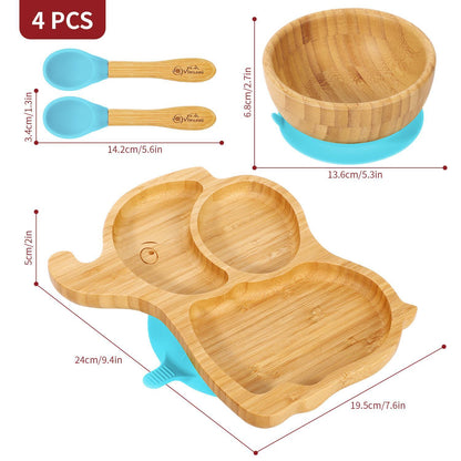 Bamboo Elephant Plate Bowl & Spoon Set Suction Stay-Put Design (Blue)