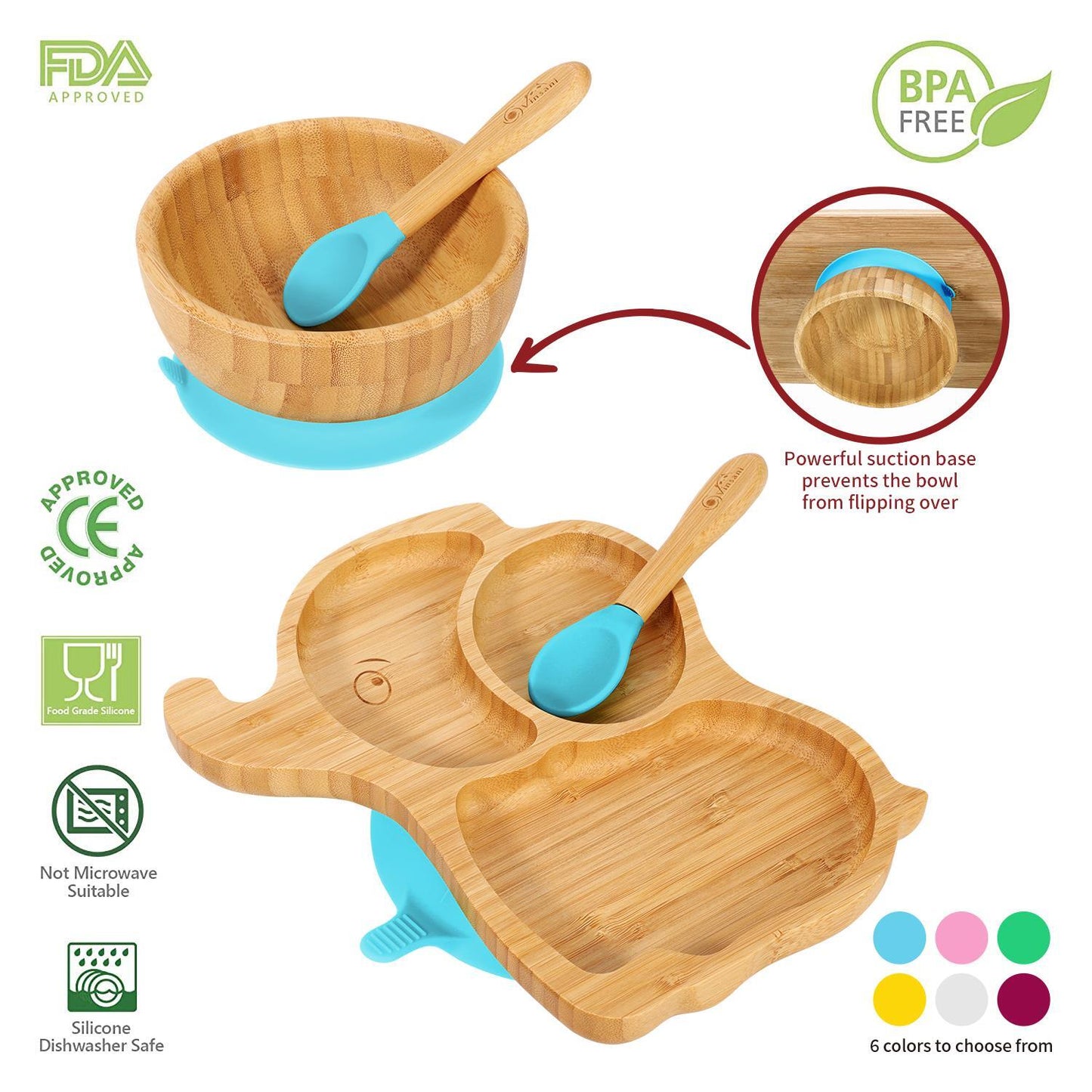 Bamboo Elephant Plate Bowl & Spoon Set Suction Stay-Put Design (Blue)