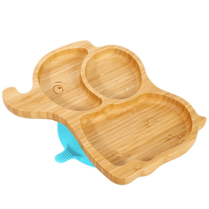 Bamboo Elephant Plate Bowl & Spoon Set Suction Stay-Put Design (Blue)