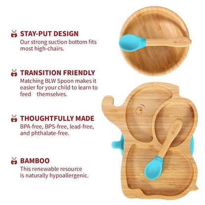 Bamboo Elephant Plate Bowl & Spoon Set Suction Stay-Put Design (Blue)