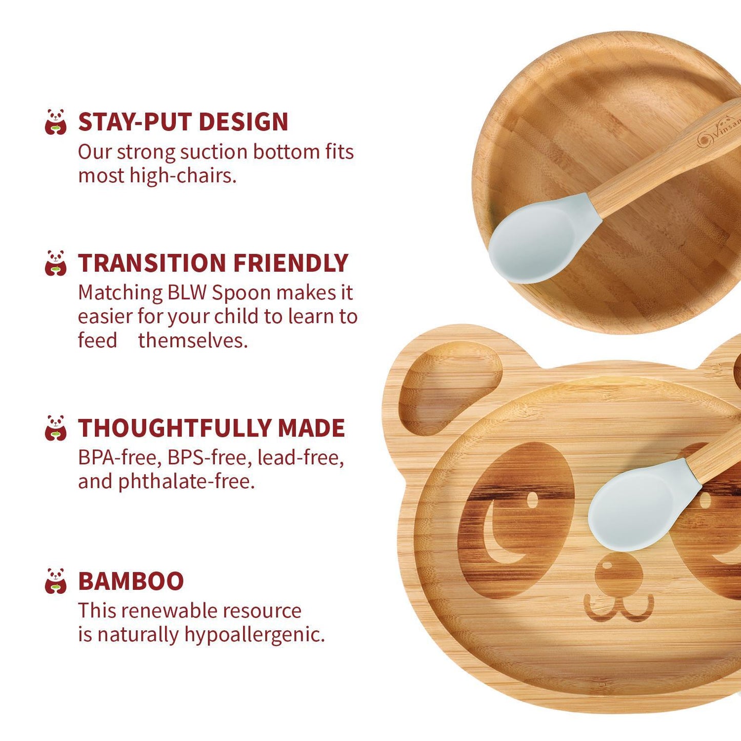 Bamboo Panda Plate Bowl & Spoon Set Suction Stay-Put Design (Grey)