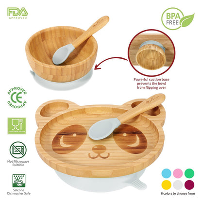 Bamboo Panda Plate Bowl & Spoon Set Suction Stay-Put Design (Grey)