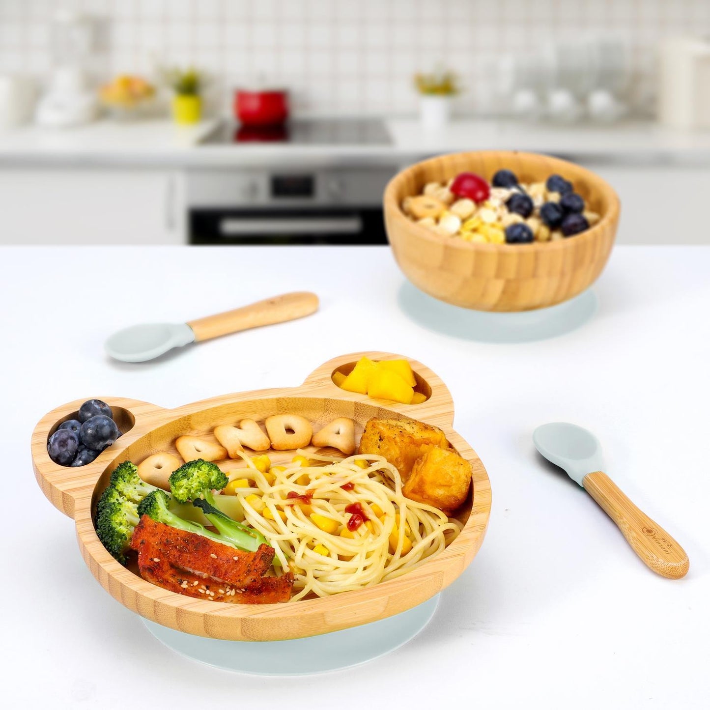 Bamboo Panda Plate Bowl & Spoon Set Suction Stay-Put Design (Grey)