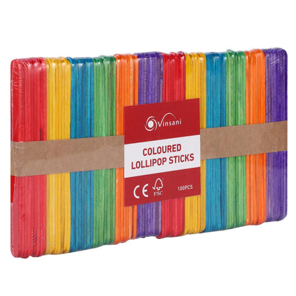 100pcs Coloured Wooden Lolly Sticks For Desserts Kids DIY Art & Crafts