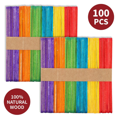 100pcs Coloured Wooden Lolly Sticks For Desserts Kids DIY Art & Crafts