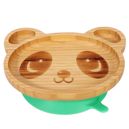 Bamboo Panda Plate Bowl & Spoon Set Suction Stay-Put Design (Green)