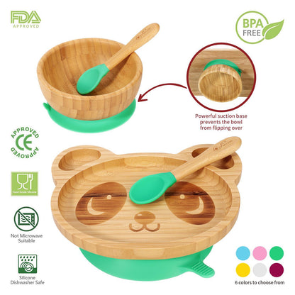 Bamboo Panda Plate Bowl & Spoon Set Suction Stay-Put Design (Green)