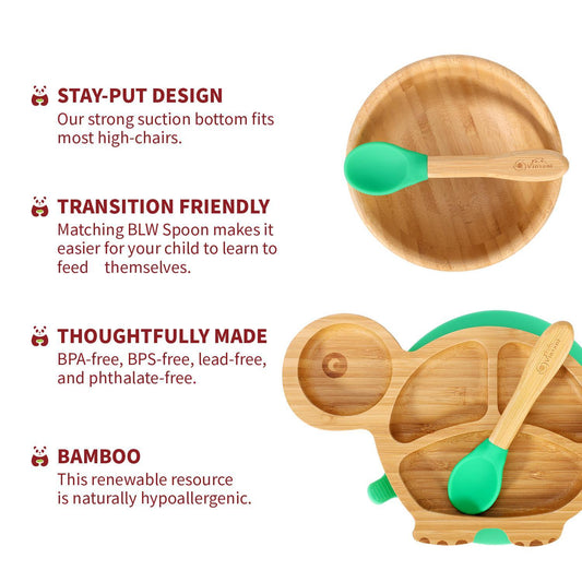 Bamboo Turtle Plate Bowl & Spoon Set Suction Stay-Put Design (Green)