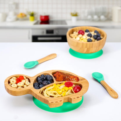 Bamboo Turtle Plate Bowl & Spoon Set Suction Stay-Put Design (Green)