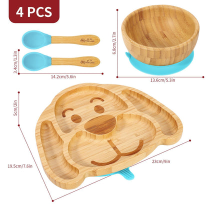 Bamboo Dog Plate Bowl & Spoon Set Suction Bowl Stay-Put Design - BLUE