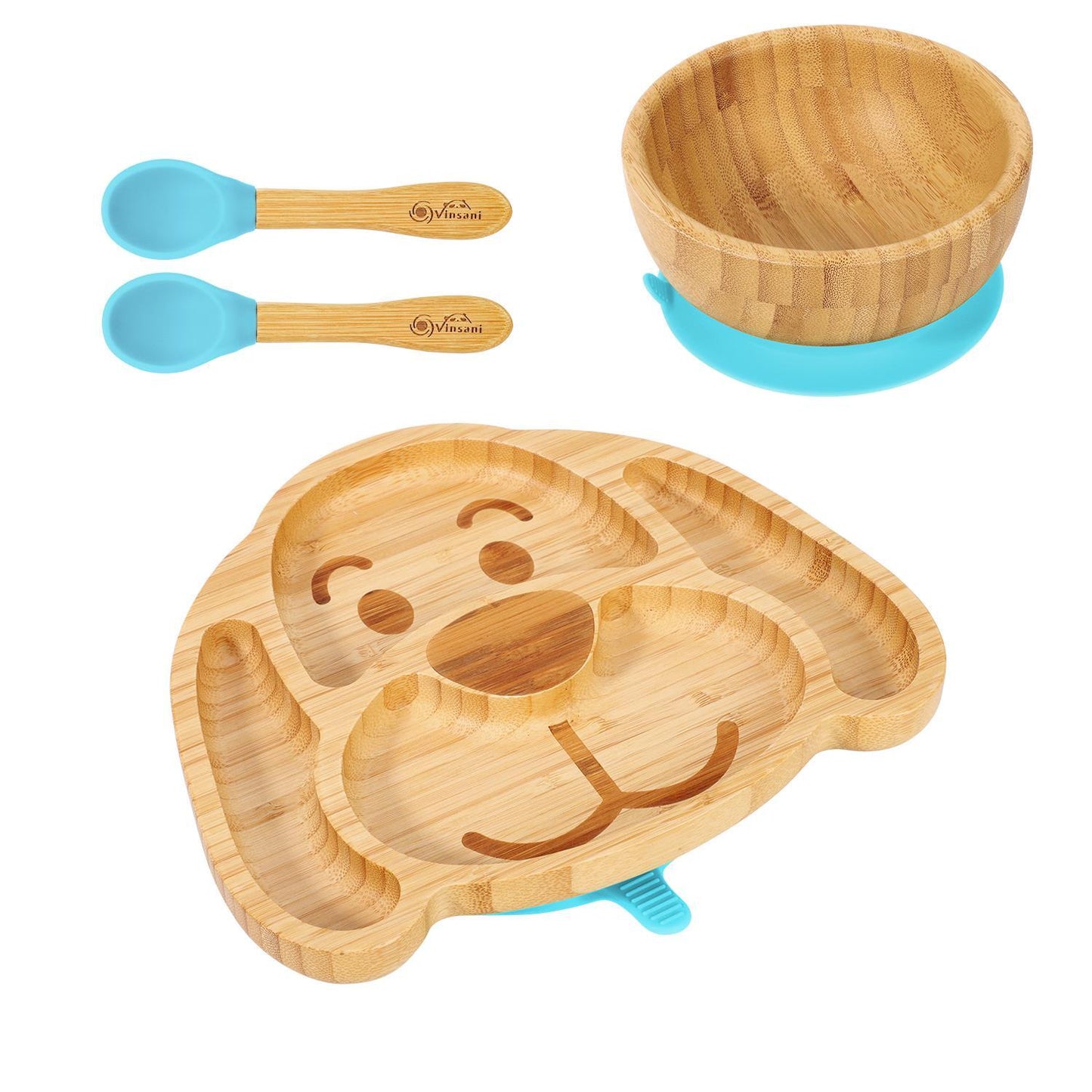 Bamboo Dog Plate Bowl & Spoon Set Suction Bowl Stay-Put Design - BLUE