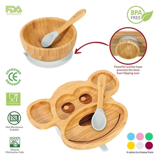 Bamboo Monkey Plate Bowl & Spoon Set Suction Bowls Stay-Put Design