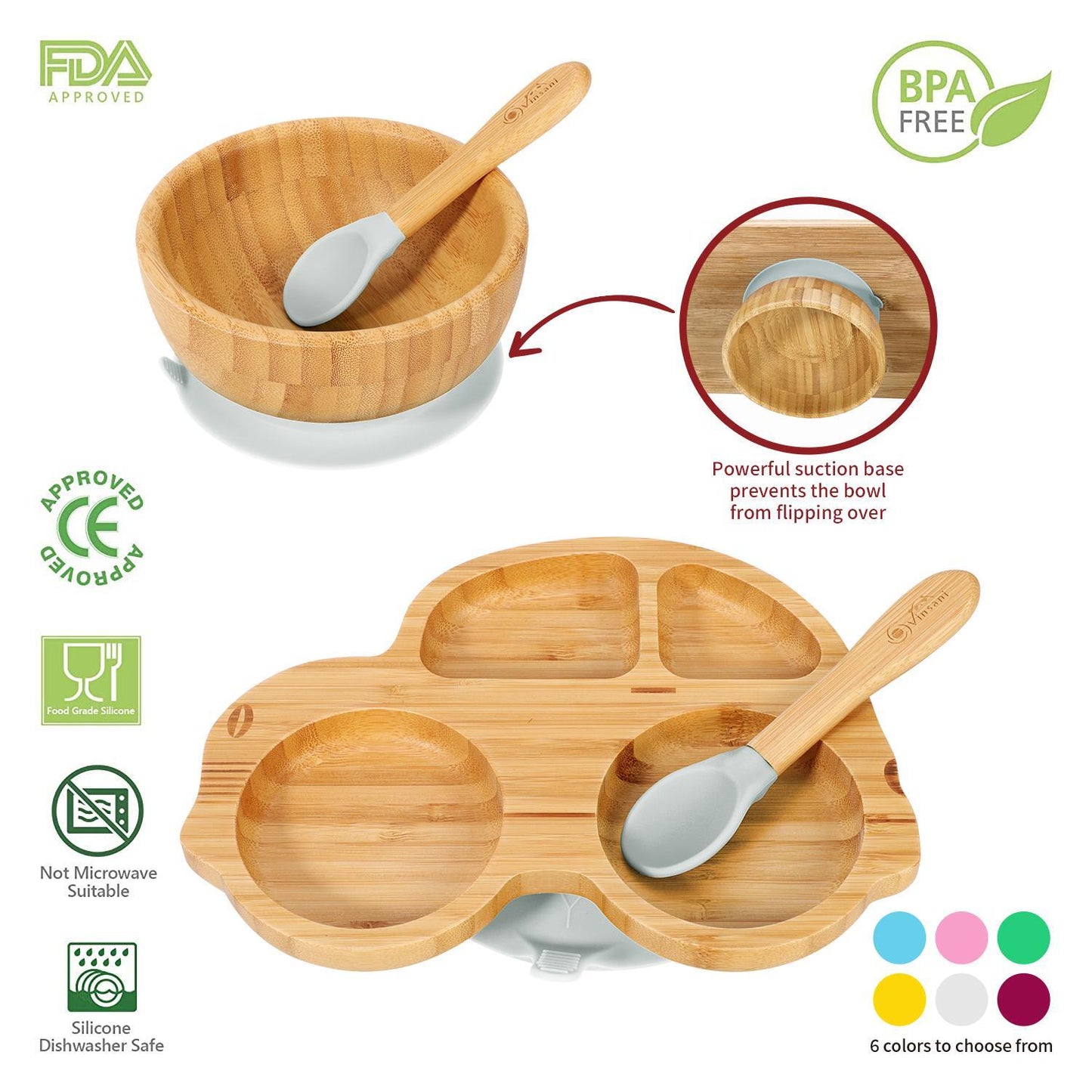 Bamboo Car Plate Bowl & Spoon Set Suction Bowl Stay-Put Design for Kids