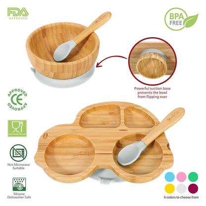 Bamboo Dog Plate Bowl & Spoon Set Suction Bowl Stay-Put Design