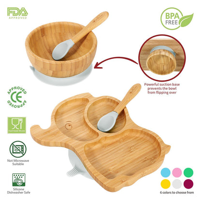 Bamboo Elephant Plate Bowl & Spoon Set Suction Bowl Stay-Put Design