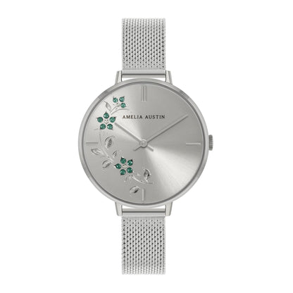 Amelia Austin Womens Floral Silver Stainless Steel Mesh Green Stone Set Etched Dial Watch AA4003