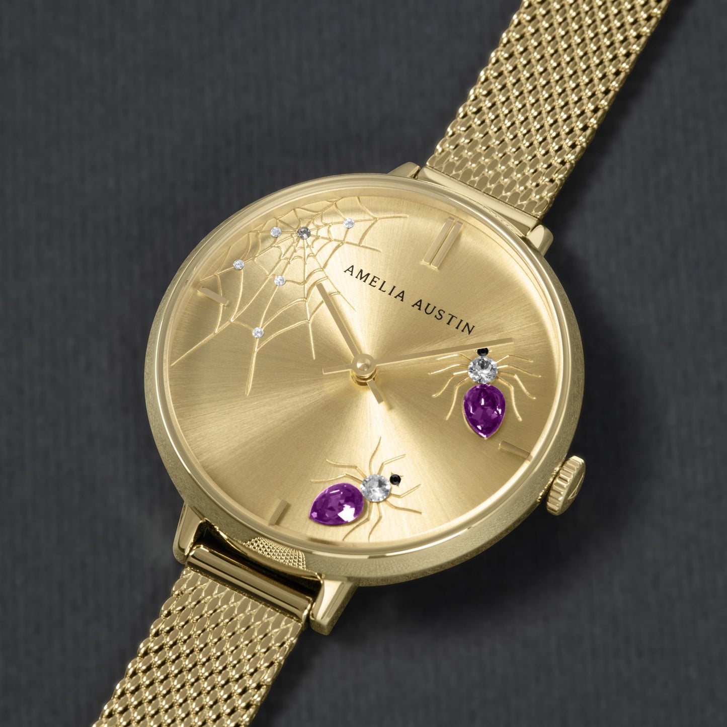 Amelia Austin Womens Spider Pale Gold Stainless Steel Mesh Purple Stone Set Etched Dial Watch AA4004