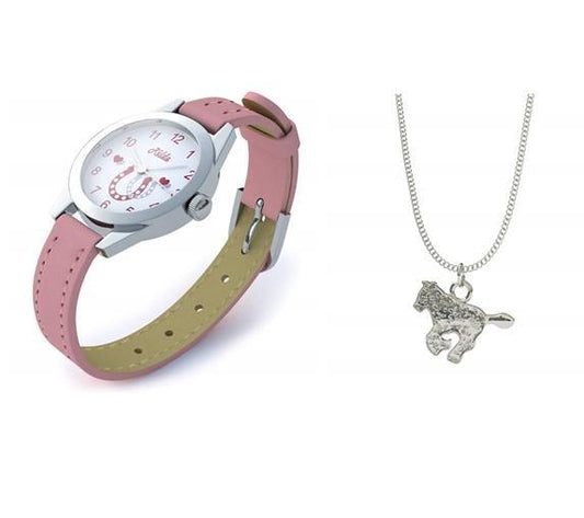 Relda Pink Horse Watch and Girls Jewellery Set - Watch Gift Set for Kids with Silvertone Horse Necklace & Bracelet REL24