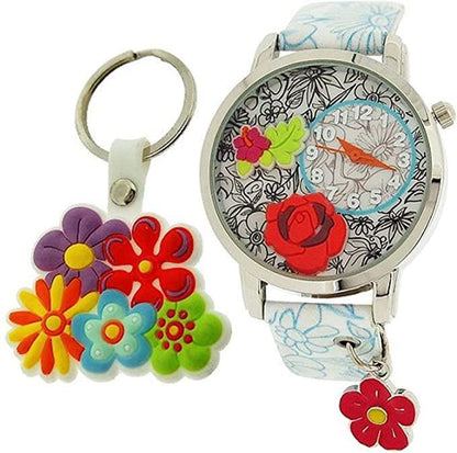 Time Design Kids Children Quartz Analogue Floral Watch Key Ring Set TDX4526